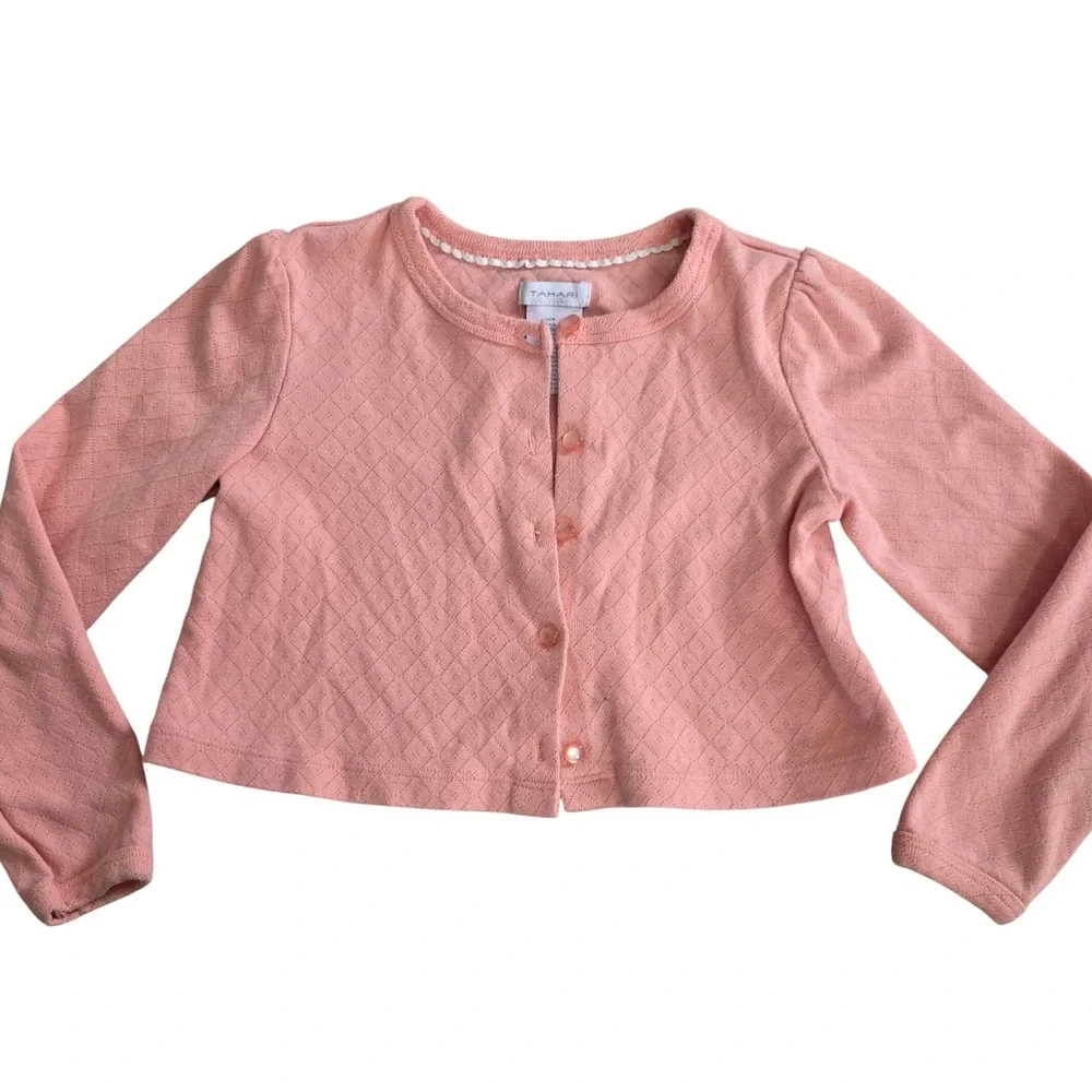 Tahari Girls Pink Quilted Knit Button Front‎ Cardigan Sweater Size 6 Long Sleeve